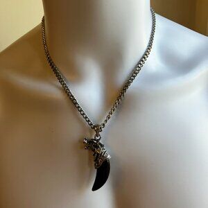 Tusk Black Agate Tusk Gemstone AND Men's Chunky 20 in Stainless Steel Chain NEW